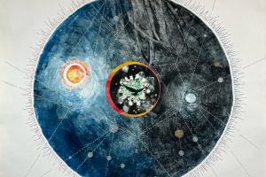 Solar Lunar Light Mandala, 29 x 30 inches, monotype with collage, ink, and collagraph